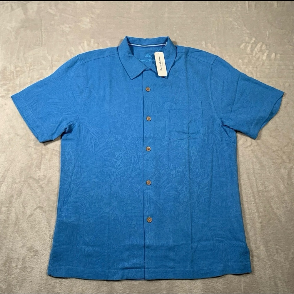 NWT Tommy Bahama Shirt Mens Medium Blue Floral Button Up Short Sleeve 100% Silk